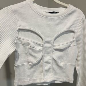 White Ribbed Cutout Top